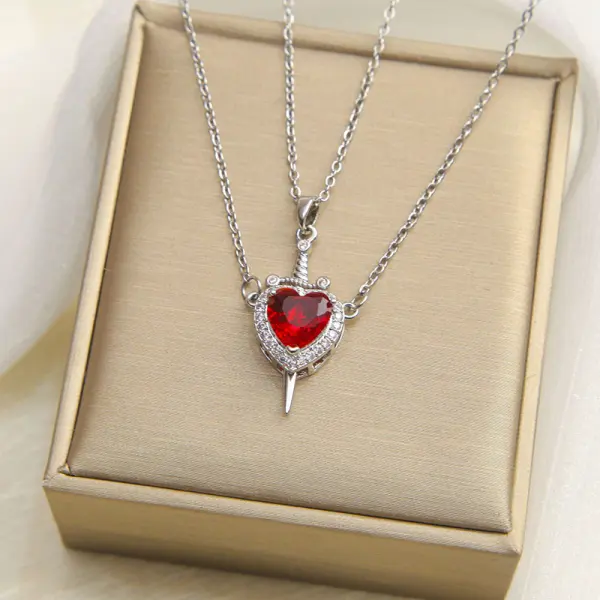 Valentine's Day 18K Gold Red Heart Dagger Couple Gift Necklace Jewelry - Cotosen.com 