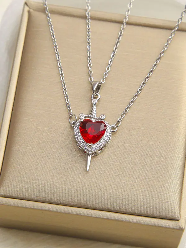 Valentine's Day 18K Gold Red Heart Dagger Couple Gift Necklace Jewelry - Pragmaace.com 