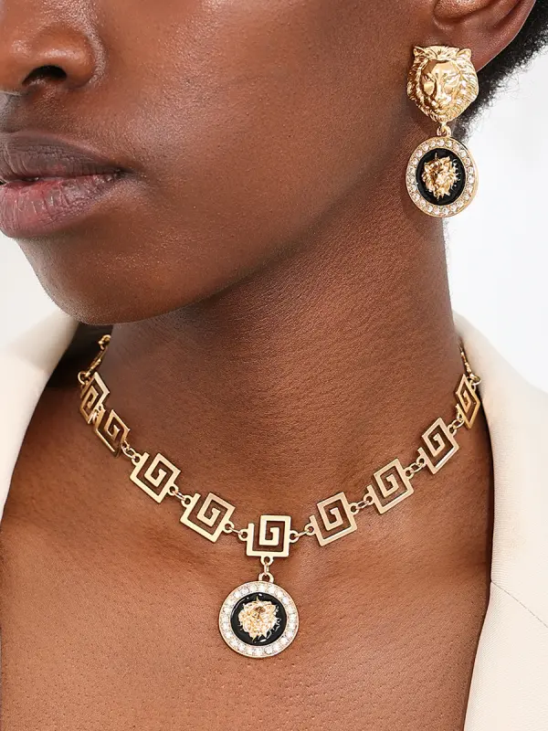 Valentine's Day Vintage Lion Head Necklace Earring Set - Pragmaace.com 