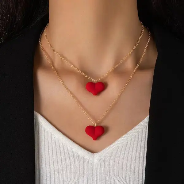 Valentine's Day Red Flocked Heart Tassel Double Necklace - Cotosen.com 