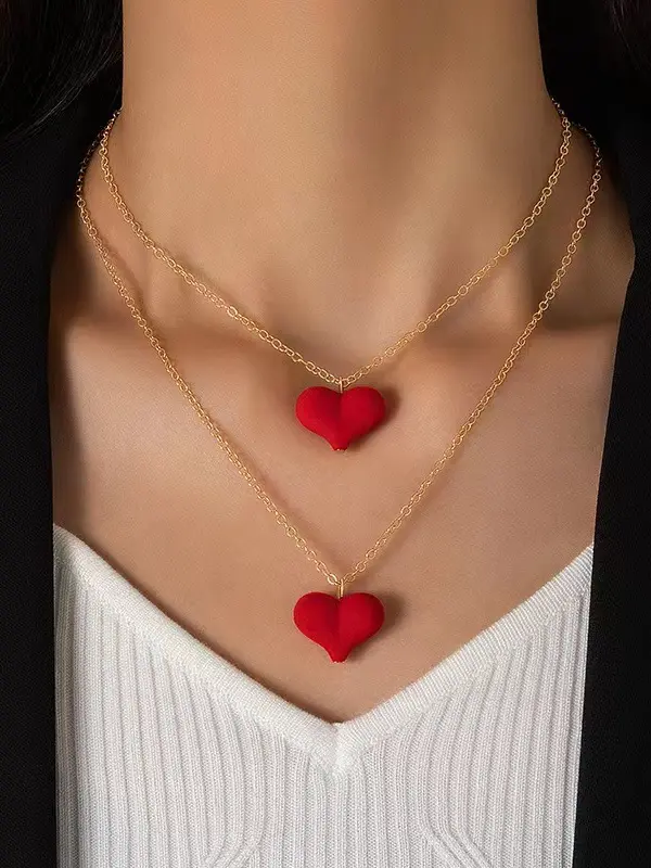 Valentine's Day Red Flocked Heart Tassel Double Necklace - Pragmaace.com 