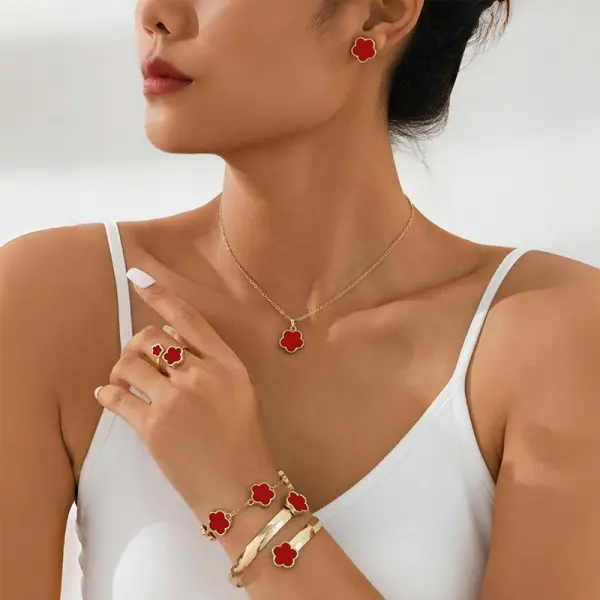 Valentine's Day Four-leaf Clover Necklace Bracelet Ring Earrings 5-piece Set - Cotosen.com 