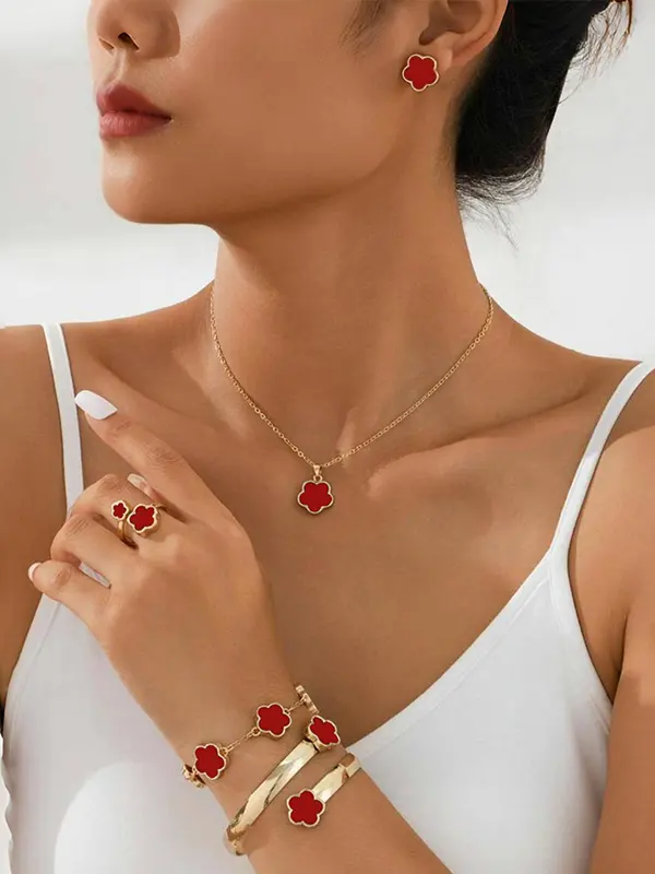 Valentine's Day Four-leaf Clover Necklace Bracelet Ring Earrings 5-piece Set - Wantbright.com 