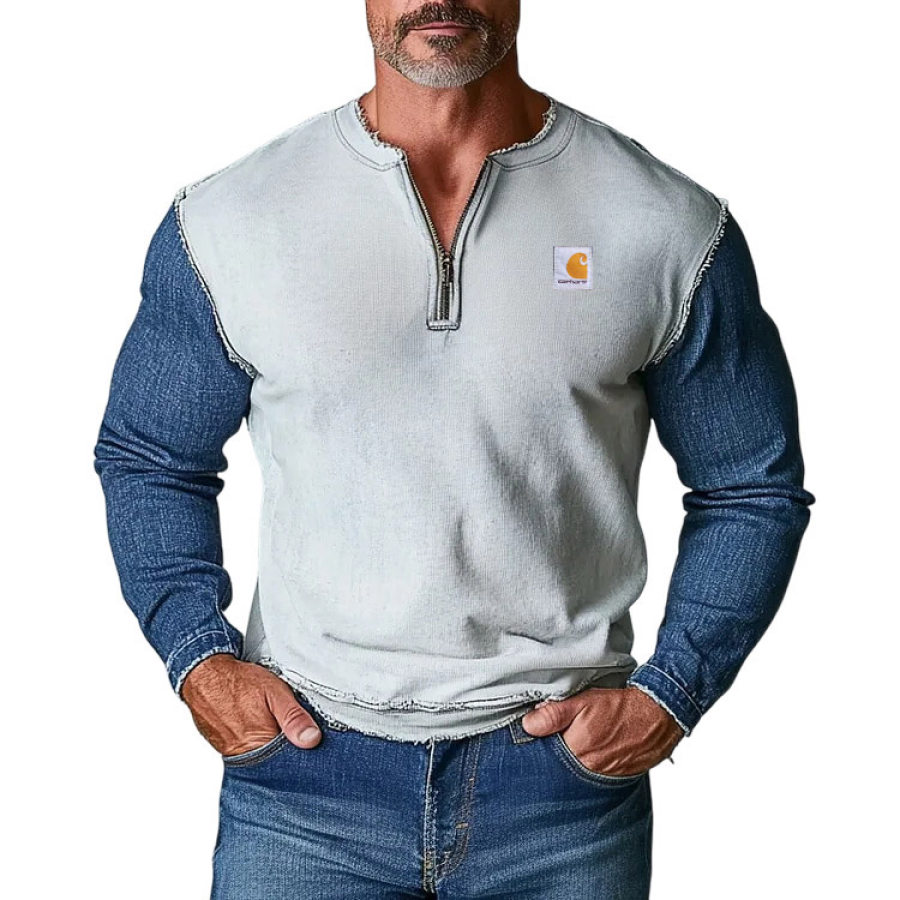 

Men's Vintage Paneled Denim Zipper Henley Neck Long Sleeve Sweatshirt