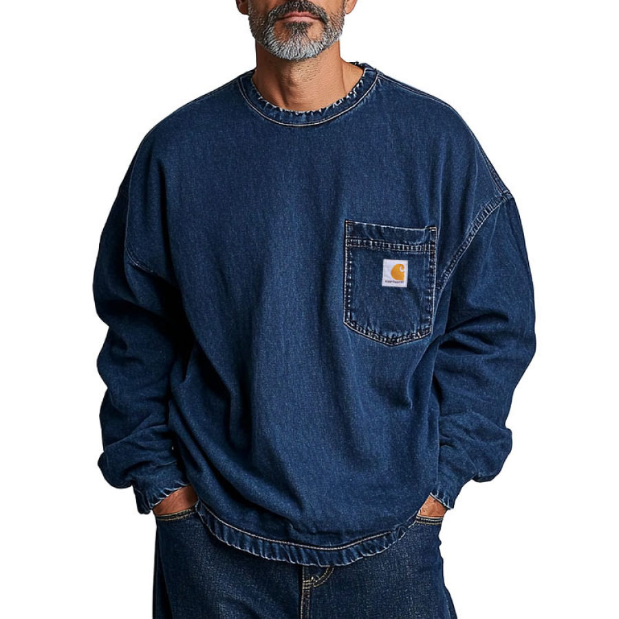 

Men's Vintage Denim Chest Pocket Crew Neck Long Sleeve Sweatshirt