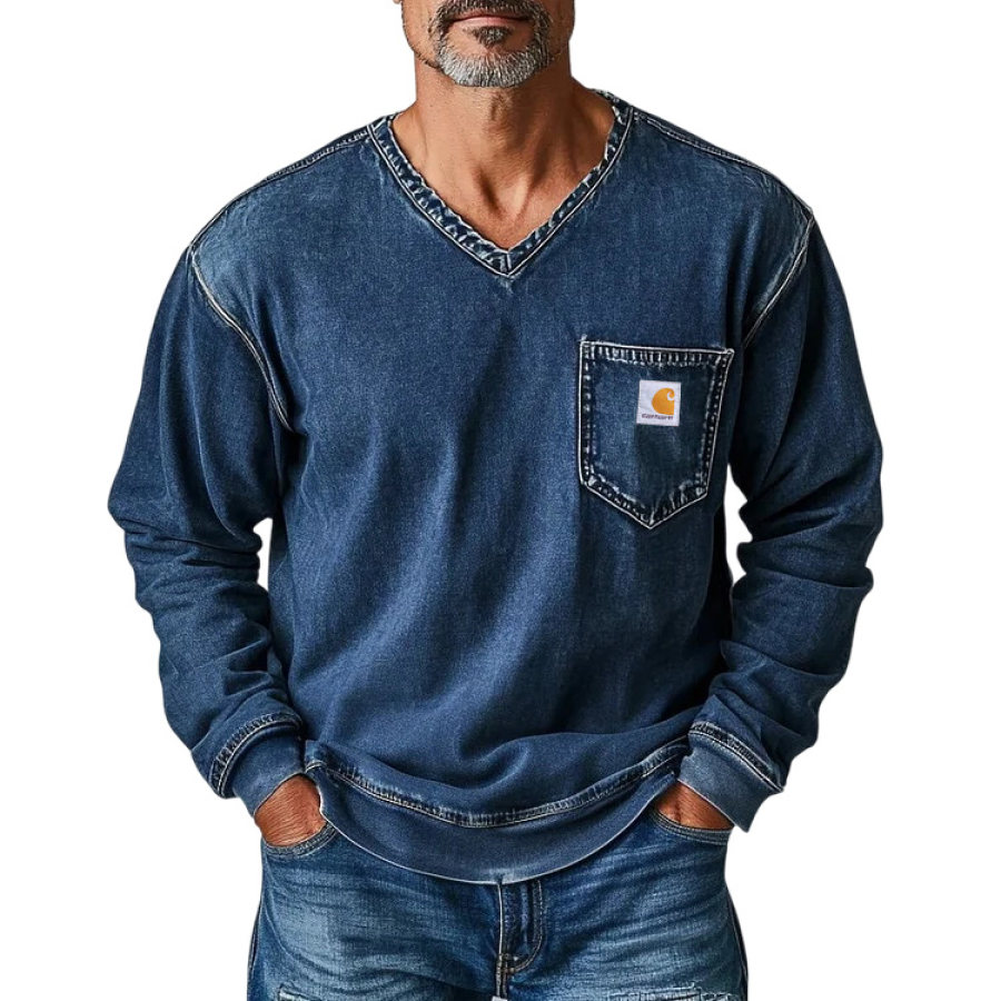 

Men's Vintage Denim Chest Pocket V-Neck Long Sleeve Sweatshirt