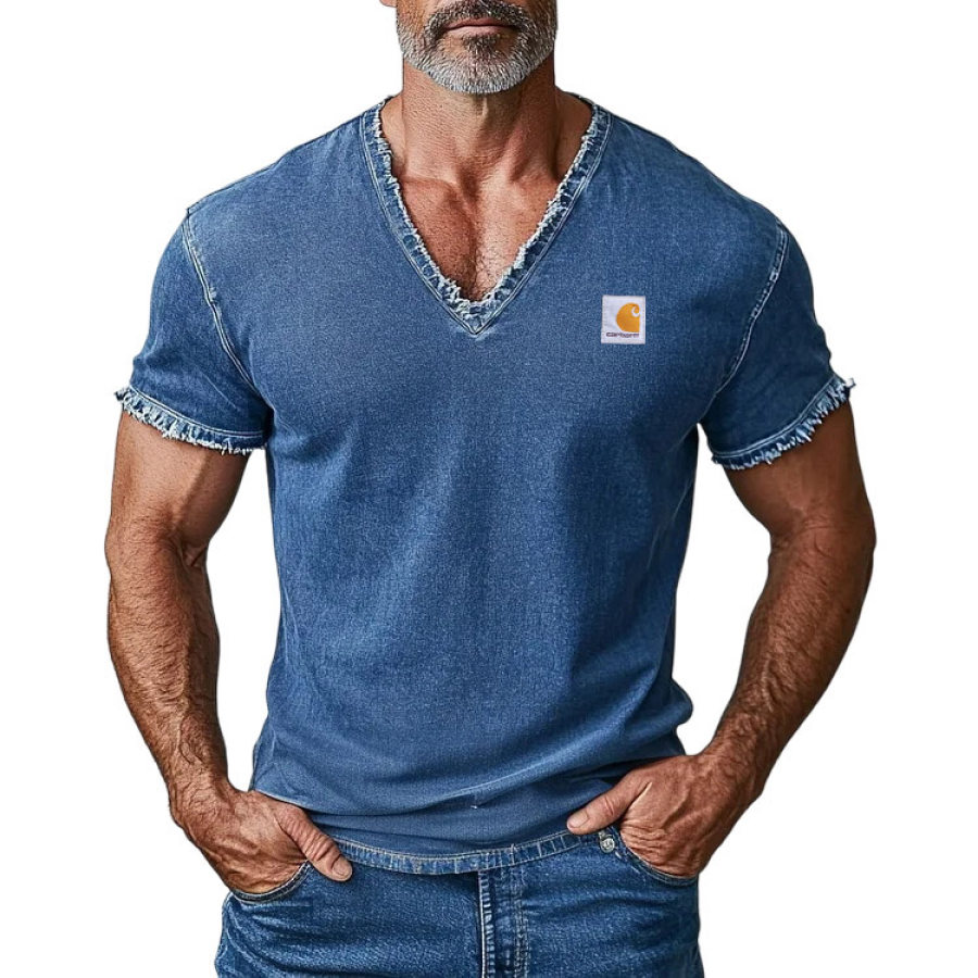 

Men's Vintage Denim V-neck Short Sleeve T-shirt