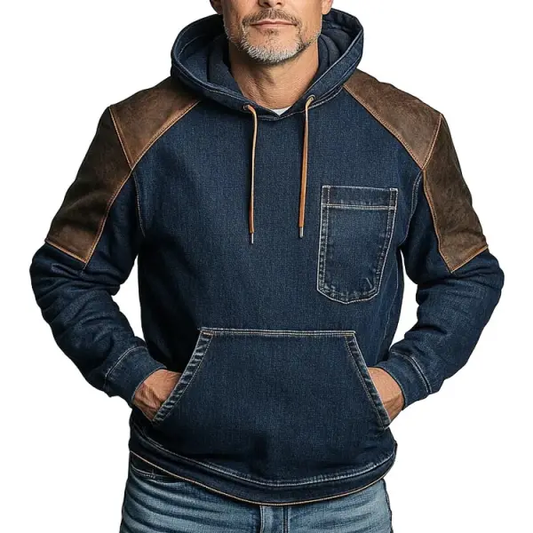 Men's Vintage Denim Paneled Leather Pocket Long Sleeve Hoodie - Wayrates.com 