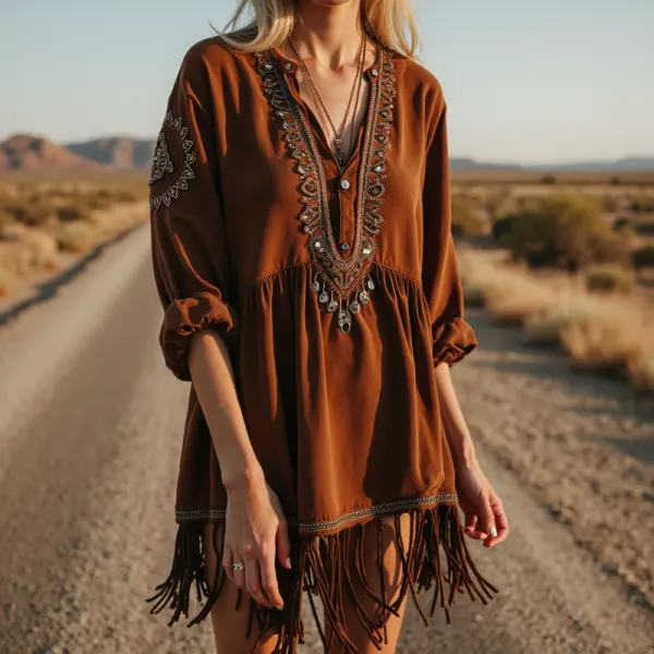 Women's Vintage Tassel Long Sleeve Shirt Dress - Ootdyouth.com 
