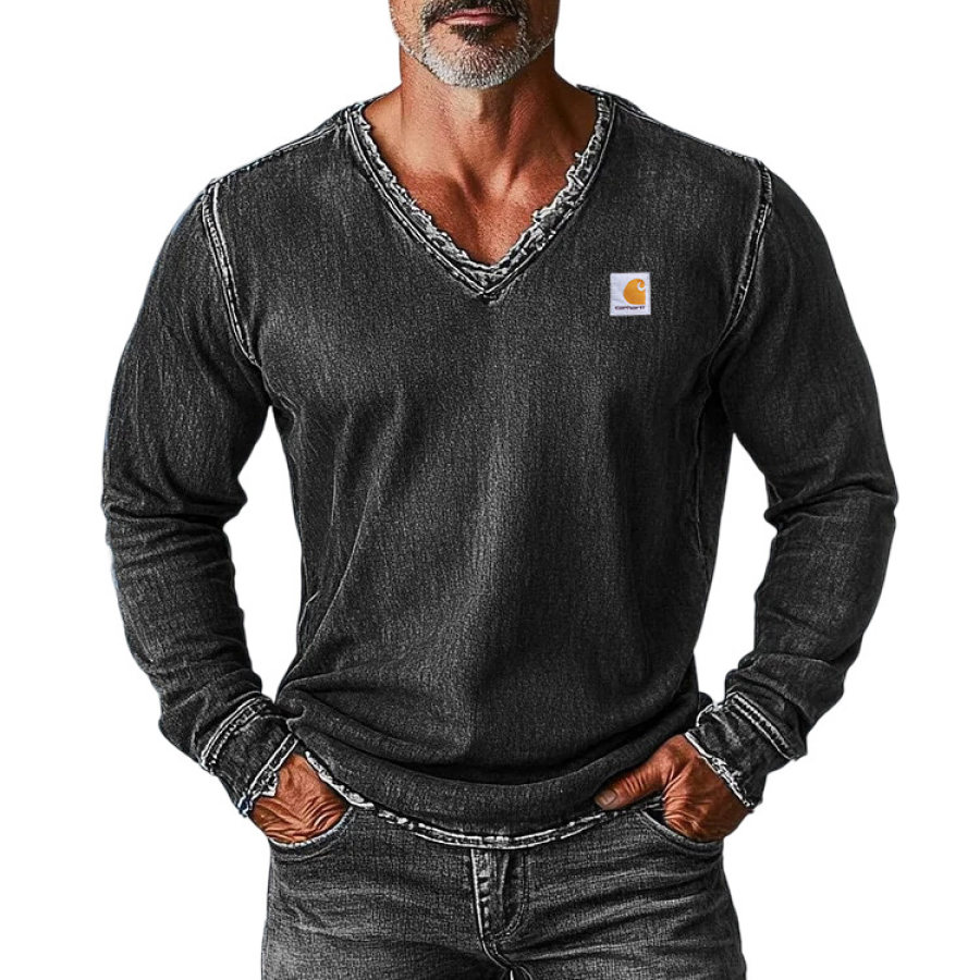 

Men's Vintage Distressed Denim V-Neck Long Sleeve Sweatshirt