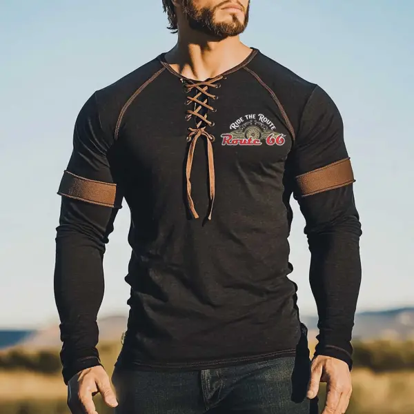 Men's Vintage Route 66 Color Block Lace-up Long Sleeve T-shirt Only $31.99 - Cotosen.com 