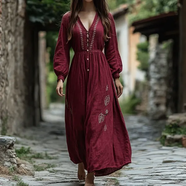 Women's Button V-neck Linen Collar Webbing Embroidered Bohemian Wine Red Dress - Wayrates.com 