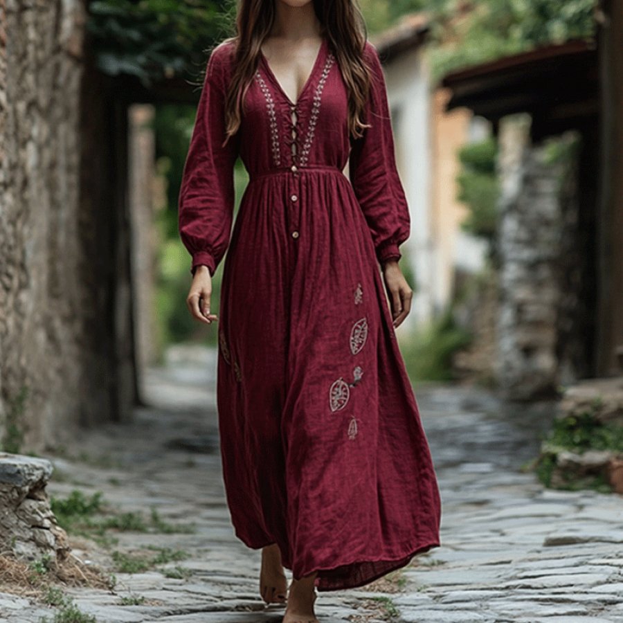 

Women's Button V-neck Linen Collar Webbing Embroidered Bohemian Wine Red Dress