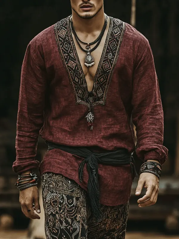Men's Casual Embroidered Retro Cotton Linen Long Sleeved T-shirt - Menbarn.com 