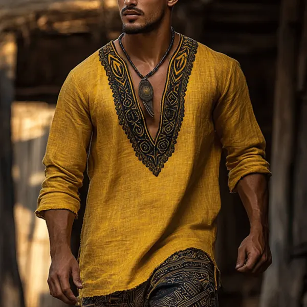 Men's Casual Embroidered Vintage Cotton Linen V-neck Long Sleeved Yellow T-shirt - Cotosen.com 
