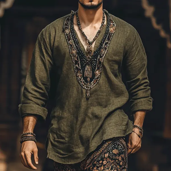 Men's Casual Embroidered Retro Cotton Linen Long Sleeved V-neck Army Green T-shirt - Cotosen.com 