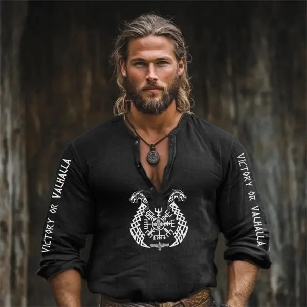 Men's Victory Or Valhalla Viking Vegvisir Linen Blend Henley Shirt - Cotosen.com 