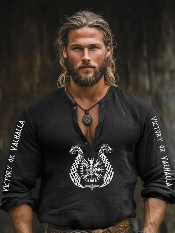 Men's Victory Or Valhalla Viking Vegvisir Linen Blend Henley Shirt - Menbarn.com 