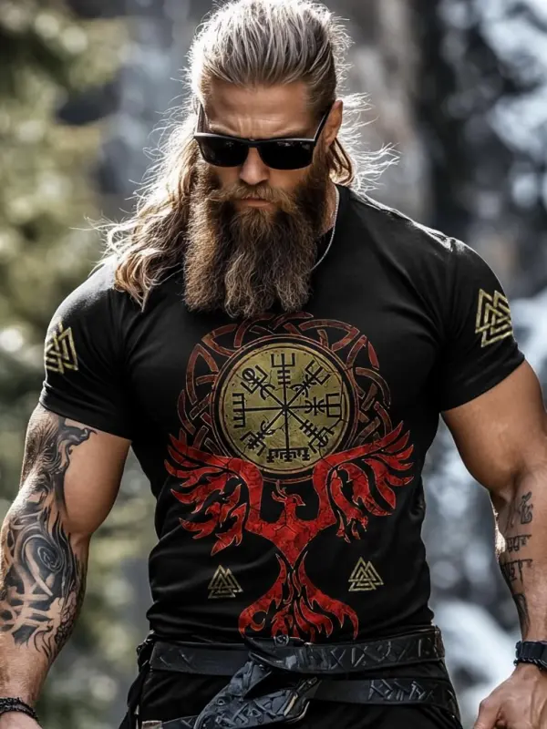Men's Retro Viking Falcon Rune Print Short Sleeve T-shirt Only $23.99 - Pragmaace.com 