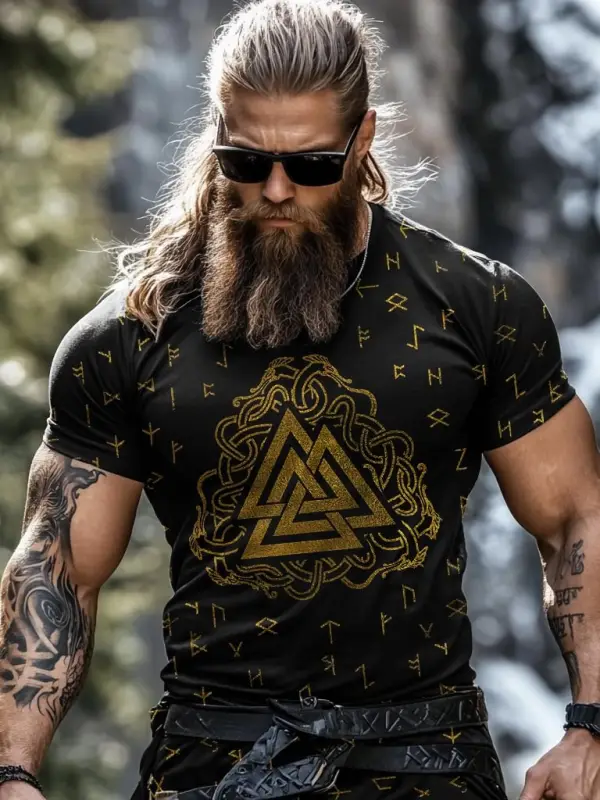 Men's Viking Wolf Print Crew Neck Short Sleeve T-shirt - Pragmaace.com 
