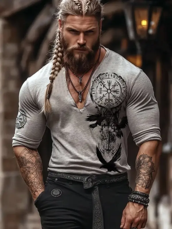 Vintage Viking Rune Print V-neck Long Sleeve T-shirt Only $25.99 - Pragmaace.com 