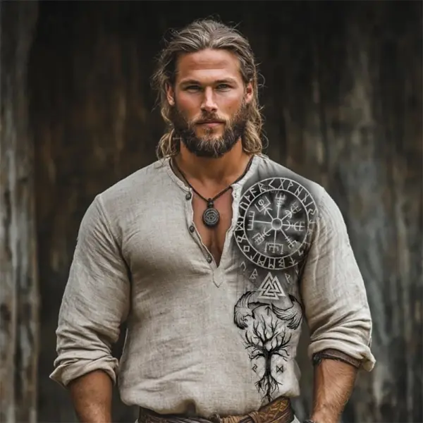 Men's Viking Vegvisir Raven Tree Of Life Linen Blend Henley Shirt - Cotosen.com 