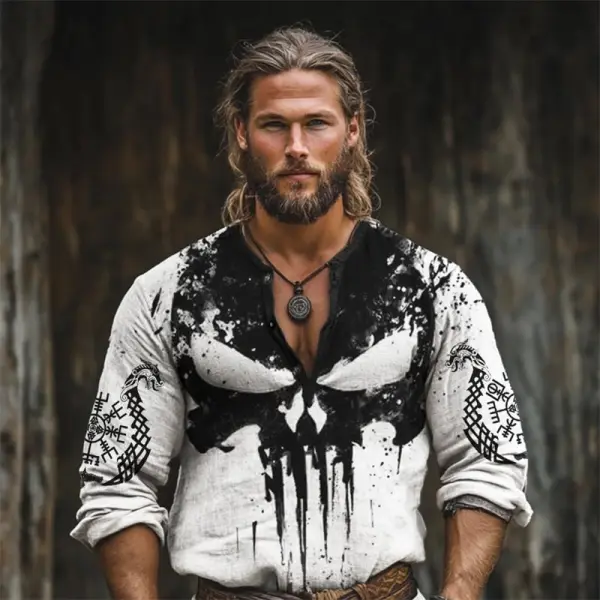 Men's Viking Vegvisir Skull Contrast Linen Blend Henley Shirt - Cotosen.com 
