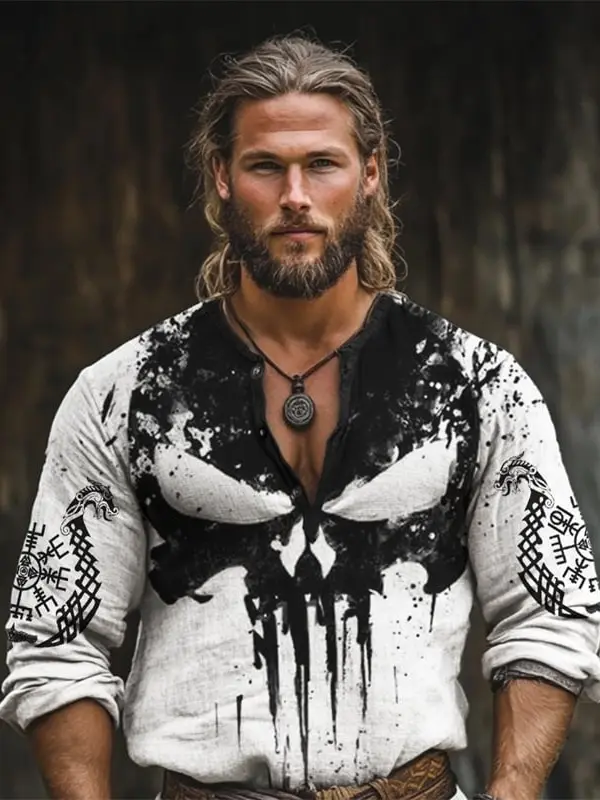 Men's Viking Vegvisir Skull Contrast Linen Blend Henley Shirt - Pragmaace.com 