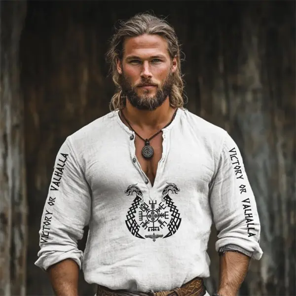Men's Victory Or Valhalla Viking Vegvisir Linen Blend Henley Shirt - Cotosen.com 