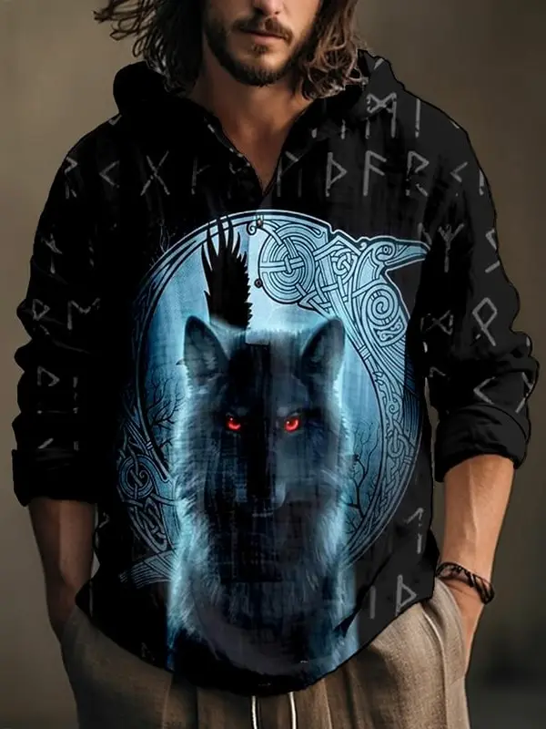 Men's Viking Wolf Fenrir Linen Blend Cozy Shirt Only $35.99 - Pragmaace.com 