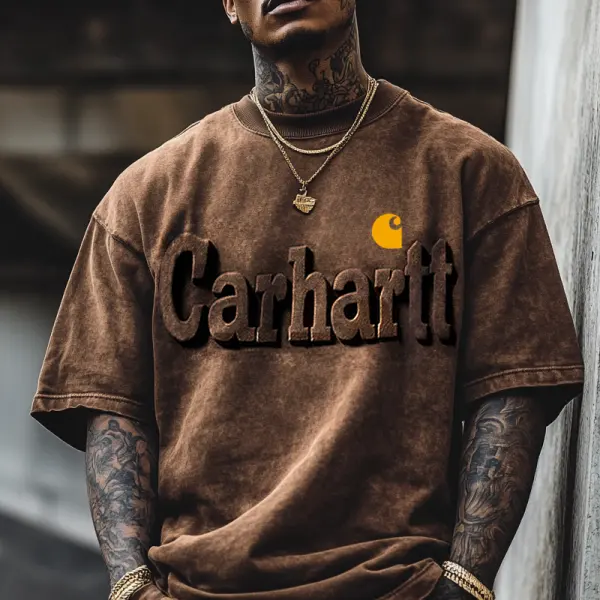 Men's Oversized Washed Distressed 3d Embossed Print T-shirt Brown - Upgradecool.com 