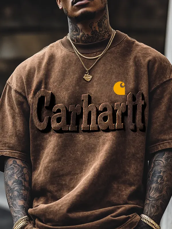 Men's Oversized Washed Distressed 3d Embossed Print T-shirt Brown - Menbarn.com 