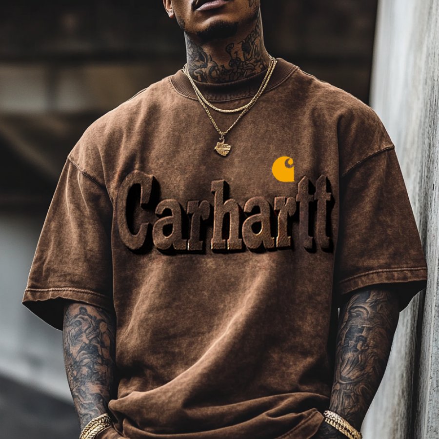 

Men's Oversized Washed Distressed 3d Embossed Print T-shirt Brown