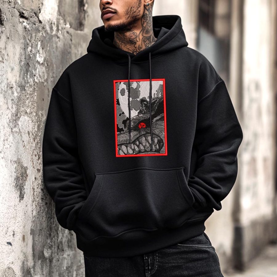 

Unisex Vintage Anime Embroidery Pocket Long Sleeve Casual Oversized Hoodie