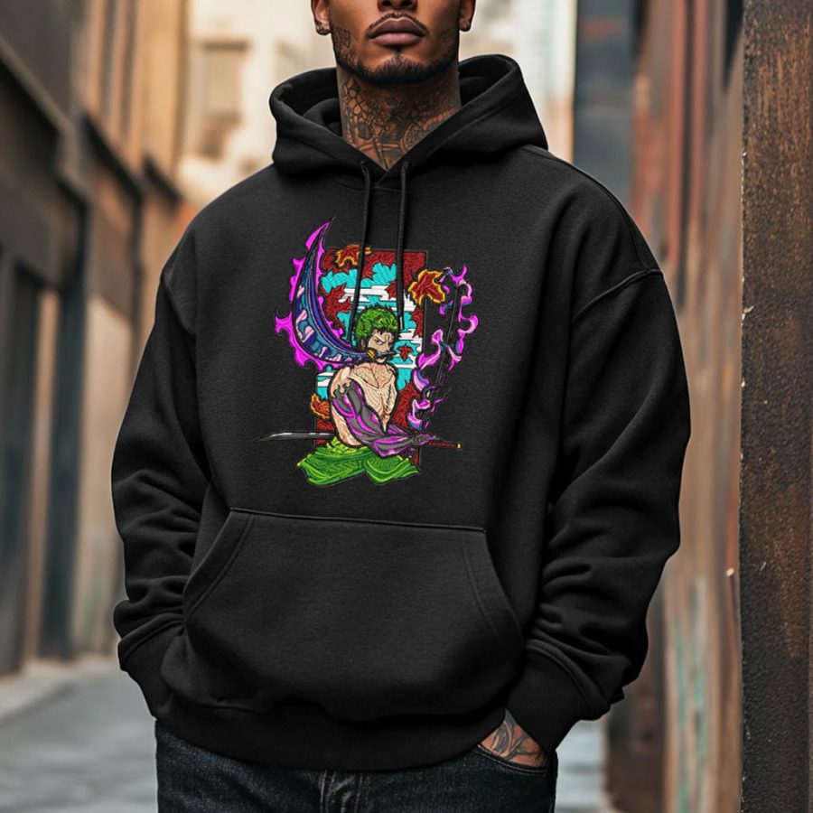 

Unisex Vintage Anime Embroidery Pocket Long Sleeve Casual Oversized Hoodie