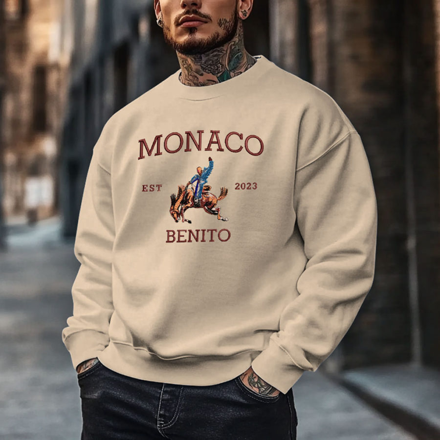 

Unisex Vintage Monaco Benito Embroidery Long Sleeve Casual Crew Neck Oversized Sweatshirt