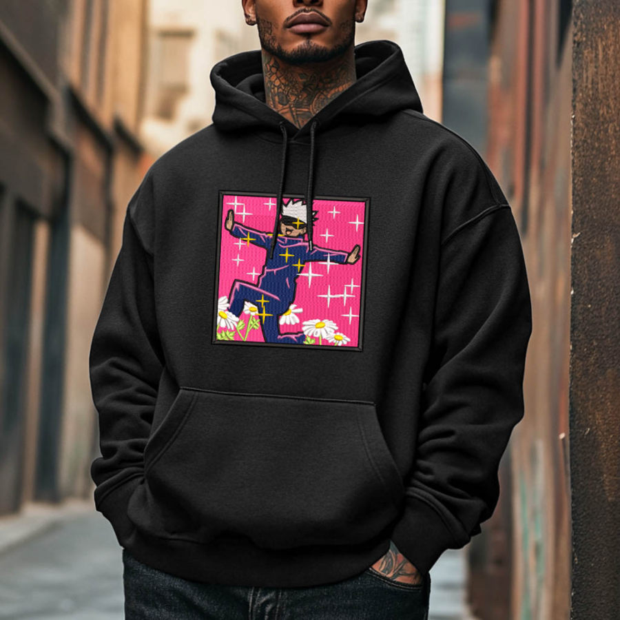 

Unisex Vintage Anime Embroidery Pocket Long Sleeve Casual Oversized Hoodie