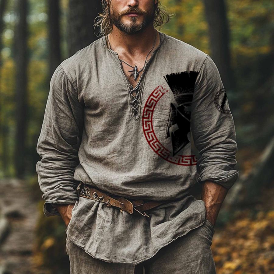 

Men's Vintage Spartan Warrior Viking Print Cotton And Linen Long Sleeve Lace-up Shirt