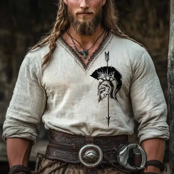 Men's Vintage Spartan Warrior Viking Print Cotton And Linen Long Sleeve V-Neck Shirt - Wayrates.com 