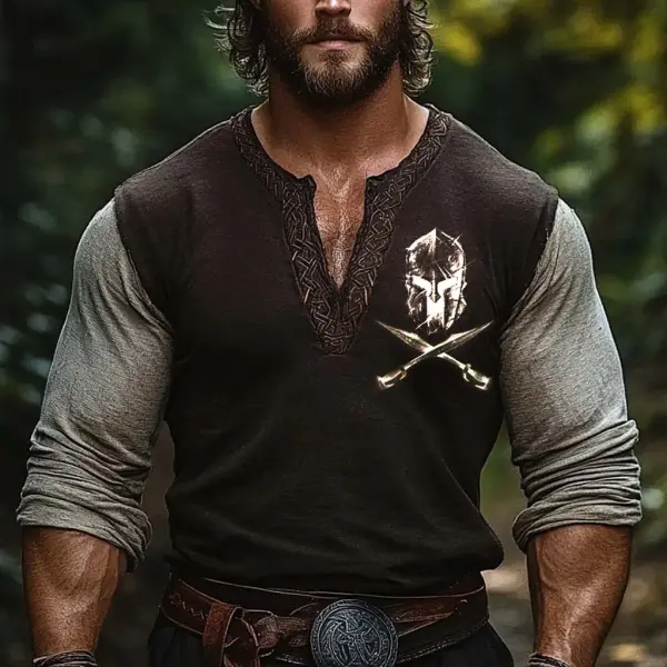 Men's Vintage Spartan Warrior Viking Print Color Block Cotton And Linen Long Sleeve V-Neck Shirt - Wayrates.com 
