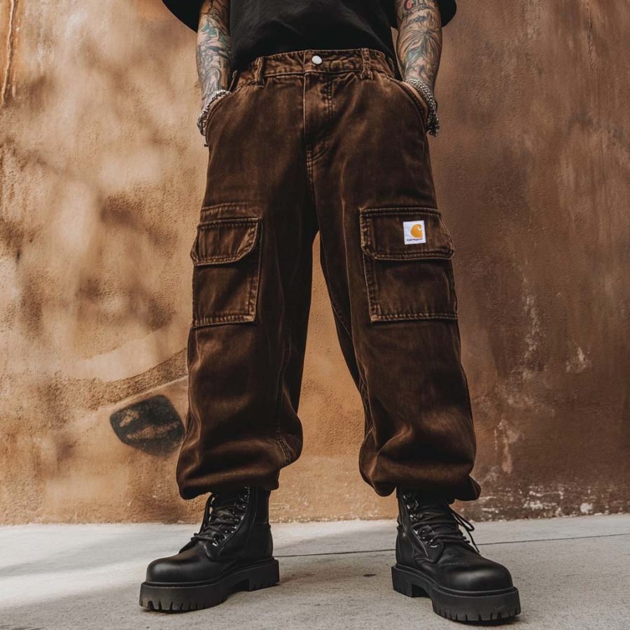 

Men's Vintage Distressed Multi-Pocket Loose Cargo Pants