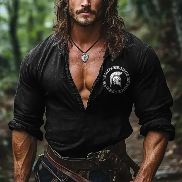 Men's Vintage Spartan Warrior Viking Print Cotton And Linen Long Sleeve Henley Shirt - Cotosen.com 