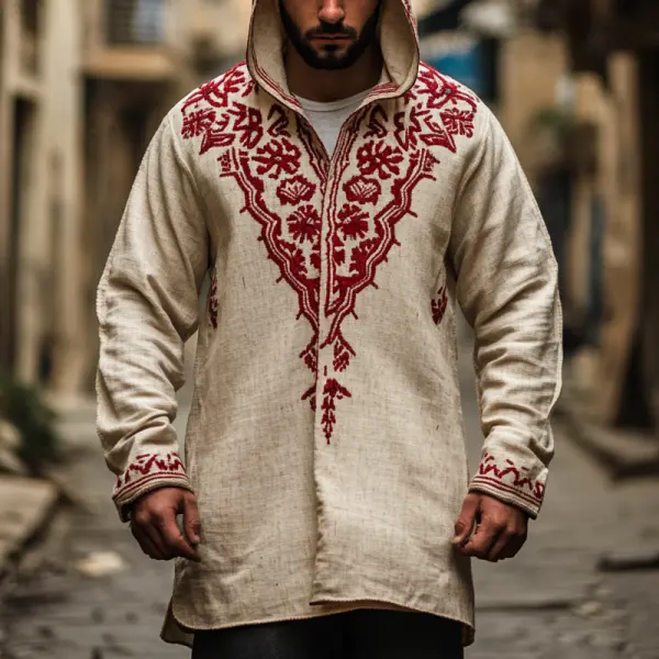 Men's Retro Vintage No Buttons Linen Embroidered Hooded Sweatshirt - Wayrates.com 