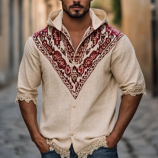 Men's Retro Vintage Lace Montage Nationality Linen Embroidered Hooded Sweatshirt - Wayrates.com 