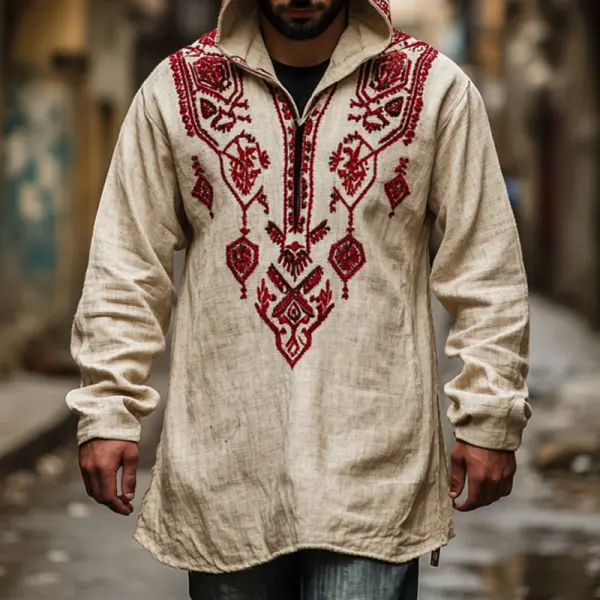 Men's Retro Vintage Linen Embroidered Hooded Sweatshirt - Wayrates.com 