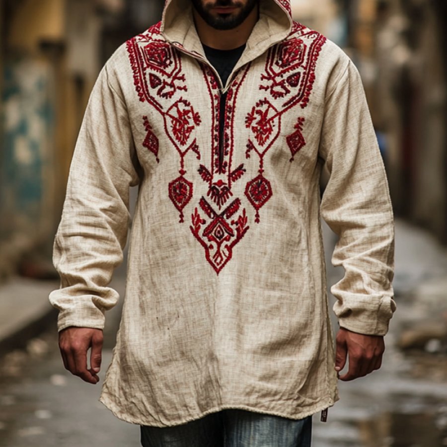 

Men's Retro Vintage Linen Embroidered Hooded Sweatshirt