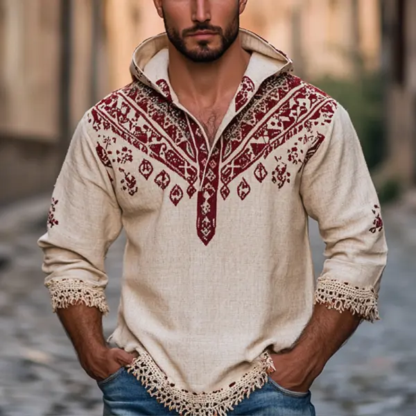Men's Retro Vintage Lace Nationality Linen Embroidered Hooded Sweatshirt - Wayrates.com 