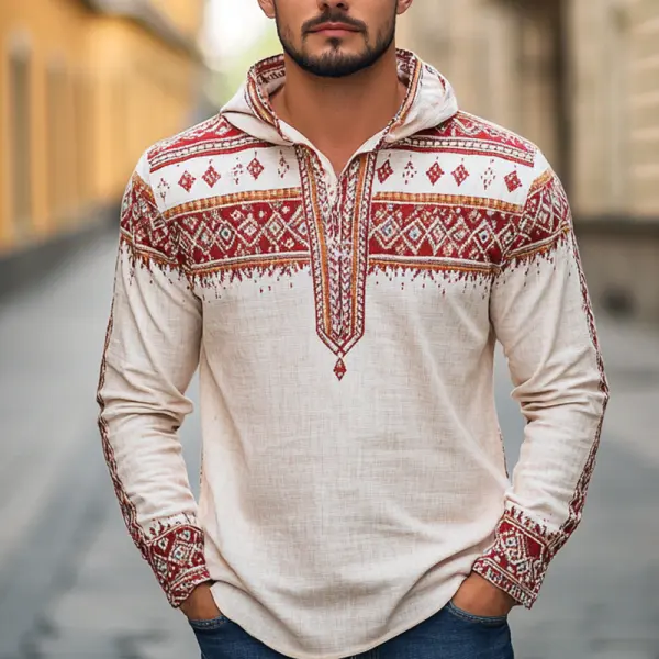 Men's Retro Vintage Lace Nationality Linen Embroidered Hooded Sweatshirt - Wayrates.com 
