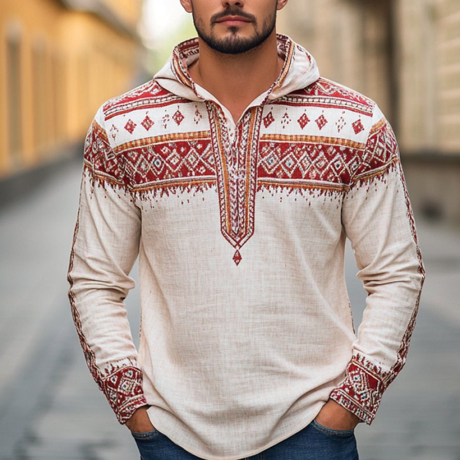 

Men's Retro Vintage Lace Nationality Linen Embroidered Hooded Sweatshirt