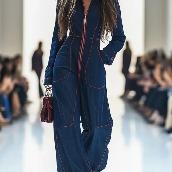 Women's Lapel Retro Zipper Pocket Long-Sleeved Wide-Leg Denim Jumpsuit - Cotosen.com 